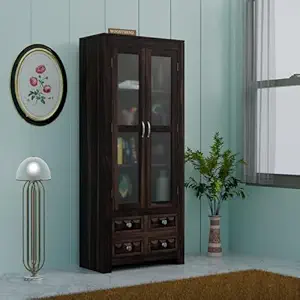 Wood Book Shelf with Glass Door, Wooden Bookshelf for Home Library, Kitchen Crockery Cabinet, Study Room Furniture, Books Rack, Book Stand, BookCases, Bookshelves (Walnut Finish)