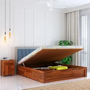 Ganpati Arts Solid Sheesham Wood Emporio King Size Bed with Hydraulic Box Storage and Upholstered Headboard Wooden Double Bed Cot Palang Furniture for Bedroom Living Room Home (Natural Finish)