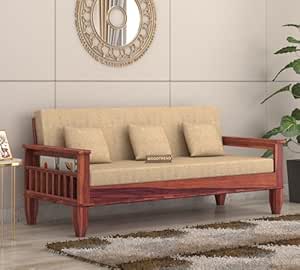 Solid Sheesham Wooden 3 Seater Sofa Set for Living Room Furniture (Natural Teak Finish)