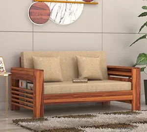 Wood Side Cup Stand Sofa Set 2 Seater Living Room | Sheesham Wood Home Office Furniture | Without Pillow | Hall Sofa Set (Natural Teak Finish)