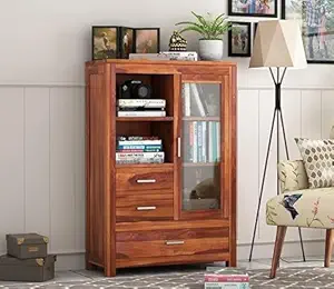 Wood Book Shelf for Home Library || Wooden Bookshelf Cabinet with Glass and Drawer Storage || Book Shelf with Door,Honey