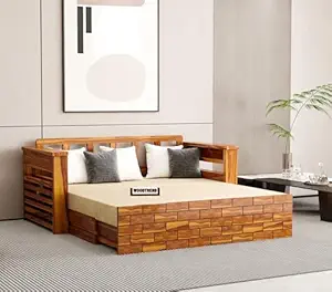 Solid Sheesham Wooden Sofa Cums Bed with Mattresses for Living Room|Rosewood 3-Person Sofa Cums Bed for Bedroom Without Pillow (I-Natural, 3 Seater)
