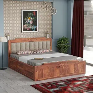 Solid Sheesham Wood Queen Size Bed with Storage | Wooden Double Bed Cot Bed with Box Storage & Upholstered Cushioned Headboard for Bedroom (Natural Finish)