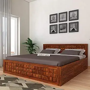 Ganpati Arts Diamond Solid Sheesham Wood King-Size Bed with Box Storage for Bedroom Living Room Home (Natural Finish) 1 Year Warranty