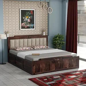 Solid Sheesham Wood Queen Size Bed with Storage | Wooden Double Bed Cot Bed with Box Storage & Upholstered Cushioned Headboard for Bedroom (Walnut Finish)