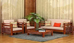 Parker Wooden 5 Seater Sofa Set Home Living Room |Solid Wood Sofa Set 3+1+1 | Furniture Sheesham Wood Sofa Set | Without Pillow | Cream Cushions| Honey Finish