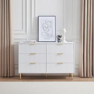Wooden Chest of Drawers | 6 Drawer Dresser Storage Cabinet for Bedroom & Living Room | Modern Sideboard Console Table | Multipurpose Organizer | Premium HDMR Wood & Iron, White & Golden
