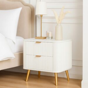 Wooden Bedside Table for Bedroom | Wooden Bed Side Nightstand Lamp Table with 2 Drawers for Home & Hotels | Side Table for Living Room | HDMR Premium Wood & Iron Legs, White (Pack of 2)