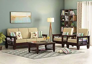 Tulsi Art Wooden 5 Seater Sofa Set for Living Room | 3+1+1 Seater Sofa for Office Furniture | Five Seater Sofa Sets with Side Magzine Holder for Home | Sheesham Wood Brown, Walnut Finish
