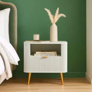 Wooden Bedside Table for Bedroom | Wooden Bed Side Nightstand Lamp Table with 1 Drawers & Open Shelf Storage for Home & Hotels | HDMR Premium Wood & Iron Legs, White (Set of 2)