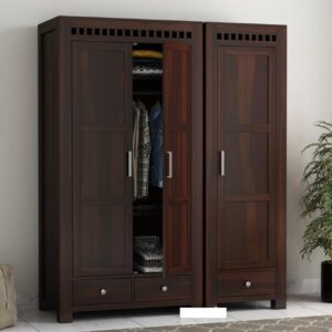 Wooden 3 Door Wardrobe for Bedroom | Wooden Three Door Almirah with 3 Drawers for Home | Cupboard Organiser | Clothes Organizer | Sheesham Solid Wood | Walnut Finish