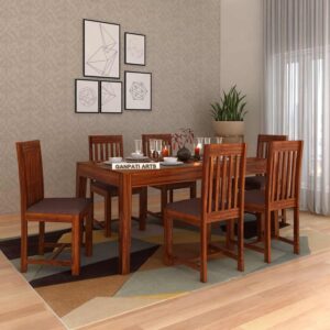 Ganpati Arts Solid Sheesham Wood 6 Seater Maldives Dining Table Set with Cushioned Chairs Wooden Dining Room Furniture for Home (Natural Finish)