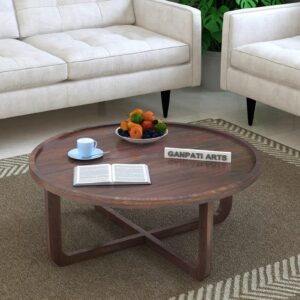 Ganpati Arts Sheesham Wood Dash Round Coffee Table - Solid Wood Tea Table for Living Room with Stylish Wooden Legs - Round Center Table for Living Room, Home, Hall and Office (Walnut Finish)