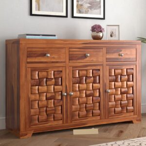 GCA WOODZONE Wooden Sideboard Cabinet for Living Room, Drawing Room, Office & Lounge | Design: Niwar | Material: Sheesham Solid Wood | Storage Type: 3 Doors and 3 Drawers | Honey