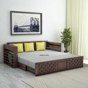 Ganpati Arts Solid Sheesham Wood 3 Seater Raj Sofa Cum Bed with Side Pockets for Home Living Room (Walnut Finish)