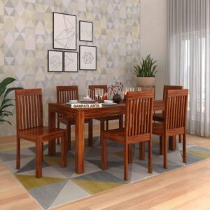 Ganpati Arts Solid Sheesham Wood 6 Seater Latin Dining Table Set with Chairs Wooden Dining Room Furniture for Home (Natural Finish)