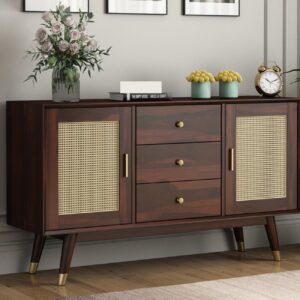 Wooden Sideboard Cabinet for Living Room, Drawing Room, Office & Lounge, Material: Solid Sheesham Wood, Storage Type: 2 Doors & 3 Drawers, Walnut Finish
