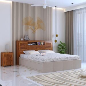 Ganpati Arts Solid Sheesham Wood Maharaja Upholstered Queen Size Bed with Headboard and Box Storage