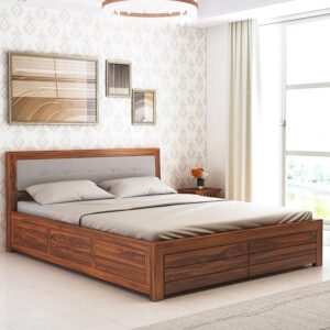 Ganpati Arts Sheesham Wood Euro Queen Size Bed with Box Storage for Bedroom Wooden Double Bed Palang for Home (Natural Finish)