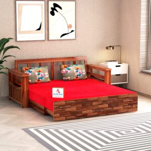 Solid Wooden Sofa Cums Bed for Living Room Home Teak Wood Sofa Cum Bed with Storage