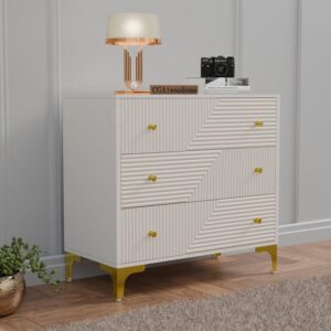 Wooden Chest of Drawers | 3 Drawers Dresser Console Cabinet for Bedroom, Living Room, Drawing Room & Office | Multipurpose Storage Sideboard | HDMR Premium Wood & Iron | Warm White