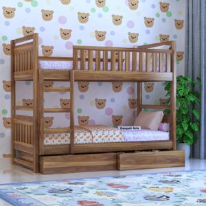 Ganpati Arts Solid Sheesham Wood Swift Bunk Bed Twin Over Bed with Ladder Wooden Bunk Bed with 2 Drawer Storage for Bedroom Living Room Home (Teak Finish)