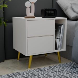 Wooden Bedside Table for Bedroom | Wooden Bed Side Nightstand Lamp Table with 2 Drawers & Open Shelf Storage for Home & Hotels | HDMR Premium Wood & Iron Legs, White (Pack of 2)