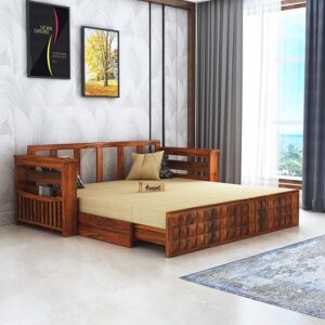 Ganpati Arts Sheesham Wood Diamond 3 Seater Sofa Cum Bed with Side Pocket for Living Room, Bed Room Wooden Bedroom Furniture for Home (Natural Finish) - Brown 1 Year Warranty