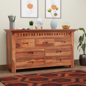Solid Sheesham Wood Natural 7 Drawers Cabinet, Storage Organizer Sideboard, Kitchen Chest, Cupboard Furniture for Bedroom, Living Room, Home & Office