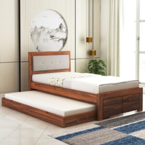Ganpati Arts Sheesham Wood Euro Single Size Trundle Bed with 1 Extra Pullout Bed for Bedroom Living Room Hostel Home (Natural Finish)