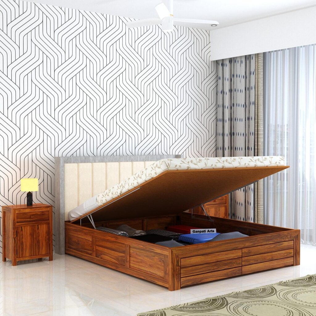 Ganpati Arts Solid Sheesham Wood Hynes King Size Bed with Hydraulic Box Storage and Upholstered Headboard Wooden Double Bed Cot Palang Furniture for Bedroom Living Room Home (Natural Finish)