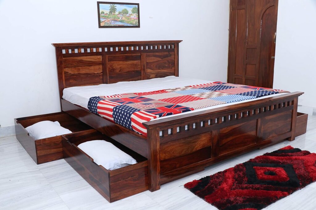 Ganpati Arts Sheesham Wood Armania King Size Bed with 4 Drawer Storage King Size Double Bed for Bedroom Home (Natural Finish) 1 Year Warranty